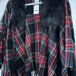 J. Crew Black and Red Plaid Poncho with Faux Fur